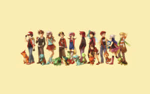一群寵物小精靈動畫角色與他們的初始寵物小精靈排成一列。