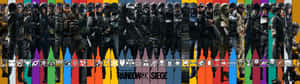 身穿戰術裝備的Rainbow Six Siege特勤幹員在彩虹背景前，帶有遊戲標誌。 — 32:9 壁紙