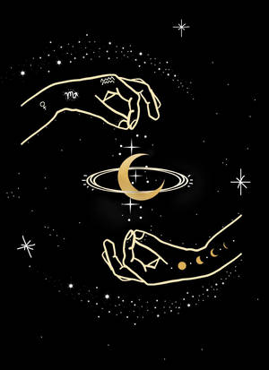 兩隻風格化的手在繁星點點的夜空下托著一彎新月和環。