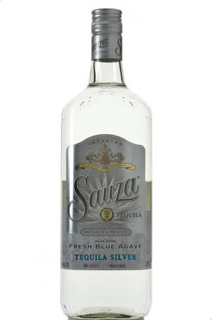 白色背景上帶有銀色標籤的 Sauza Tequila Silver 酒瓶 — 銀色 壁紙