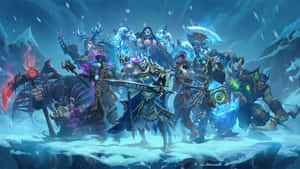 奇幻戰士和怪獸站在雪地戰鬥場景中。 — 午夜 壁紙