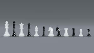 黑白棋子在灰色背景上排成一排。 — 國際象棋 壁紙