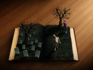 一本3D渲染的書，裡面有喪屍墓地場景。 — 萬聖節恐怖 壁紙