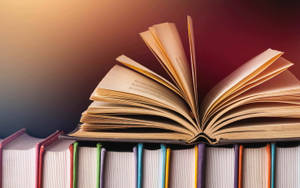 打開的書，扇形書頁放在彩色書脊上，漸變背景。 — 書籍 壁紙