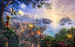 皮諾丘俯瞰著夕陽下、有山脈和遠處城堡的魔法海邊小鎮。