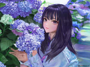 動漫女孩在花園裡拿著紫色繡球花 — 花卉動畫 壁紙
