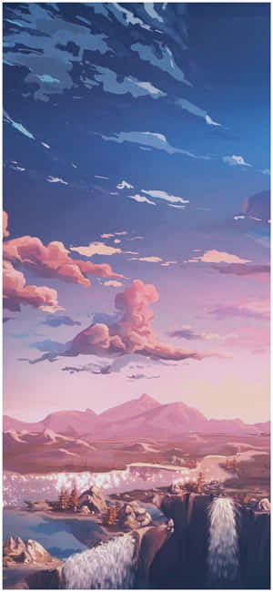 動漫風景 山脈 閃爍瀑布 粉紅雲朵 黃昏 — 粉紅動漫美學 壁紙