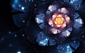 一朵發光的宇宙之花，帶有藍色和橙色的花瓣，背景是星空。 — 唯美花朵動圖 壁紙