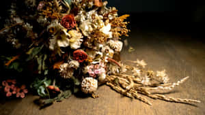 乾花和小麥散落在溫暖光線下的木桌上。 — Studio Display 壁紙