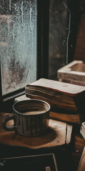 一杯咖啡放在書上，靠近下雨的窗戶，在一個安靜的房間裡。 — Jugo GIF 壁紙