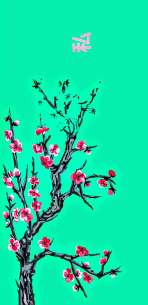 黑色櫻花樹，粉紅色花朵，青綠色背景，粉紅色漢字。