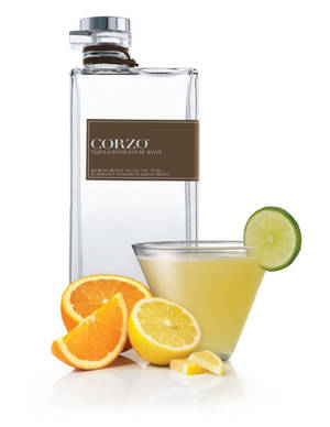 一瓶Corzo tequila，配以柑橘雞尾酒和新鮮水果片，背景為白色。