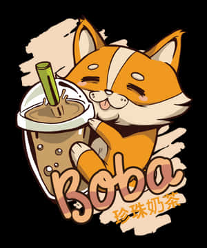 一隻卡通狐狸正在享用一杯加了珍珠的珍珠奶茶。