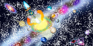 一艘太空船在充滿彩色行星和恆星的星系中翱翔。 — Spacex GIF 壁紙