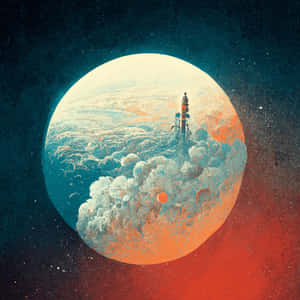 火箭從雲層覆蓋的行星發射，色彩繽紛的宇宙場景。 — 風景動圖 壁紙