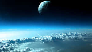火箭在雲層上方飛翔，朝向太空中遙遠的藍色行星。 — 太空美學 GIF 壁紙