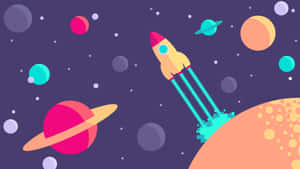 一枚卡通火箭發射升空，穿過色彩繽紛的行星和星星。 — 太空美學 GIF 壁紙