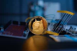 電路板上的金色 Dogecoin 與電子元件 — MacBook Pro M4 壁紙