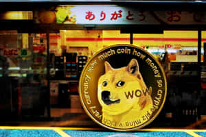金色Dogecoin與柴犬，位於日本便利店前，夜間場景。 — MacBook 壁紙