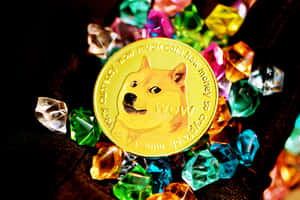 金色Dogecoin被彩色寶石環繞，置於深色布料上。 — MacBook Air 15 壁紙