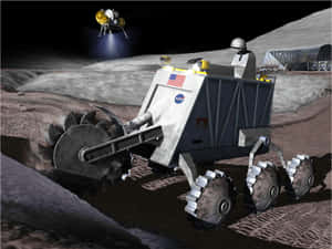 NASA月球車在月球表面挖掘，背景有無人機和棲息地。 — 太空美學 GIF 壁紙