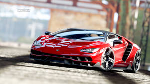日落時分橋附近鵝卵石街道上的紅色林寶堅尼 Aventador SVJ。 — 紅色 壁紙