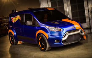 藍色和橙色Hot Wheels福特貨車在車庫中，帶有定制輪圈和賽車條紋。 — Steam Deck OLED 壁紙