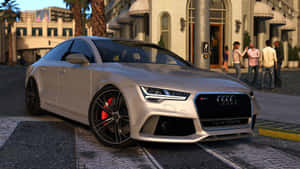 銀色奧迪RS7停泊在城市街道上，有行人和棕櫚樹。 — Audi R8 GIF 壁紙
