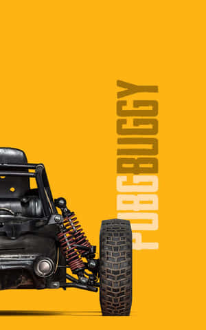 黃色背景上帶有紅色彈簧的黑色越野車，標有 PUBG BUGGY — Galaxy Tab Active5 Pro 壁紙