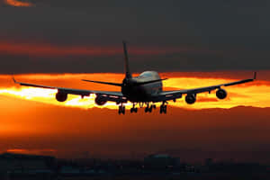 飛機在橙色天空和烏雲的夕陽下著陸 — 美麗的日落動畫 壁紙