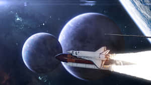 太空穿梭機在深空中飛行於兩顆行星之間，帶有明亮的排氣尾跡。 — 外太空 壁紙