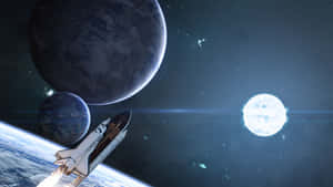 太空穿梭機在兩顆行星和一顆明亮星星附近發射到太空。 — 太空美學 GIF 壁紙