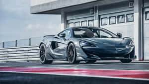 啞光灰色McLaren跑車停泊在賽道上，旁邊是車庫。 — Pro Display XDR 壁紙
