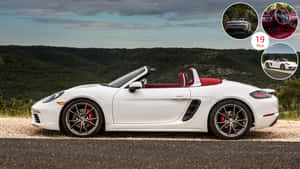 白色保時捷 Boxster 開篷跑車，紅色座椅，停泊在碎石路上，靠近綠色山丘。 — 美國 壁紙