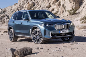 藍色BMW X5 SUV停泊在岩石沙漠地面上，天空晴朗。 — Surface Pro 壁紙