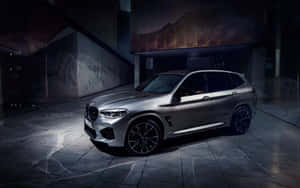 銀色BMW X5 M SUV停泊在黑暗的現代車庫中，帶有山脈壁畫。 — Steam Deck 壁紙