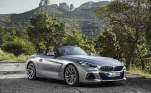 銀色BMW Z4開篷車停在風景優美的山路上，周圍有綠樹。 — Steam Deck 壁紙