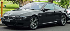 黑色BMW M6雙門跑車停泊在陽光明媚的街道上，靠近綠草和樹木。 — 超寬螢幕 壁紙