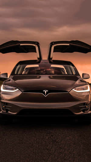 日落時分在瀝青路上打開車門的黑色Tesla — Tesla GIF 壁紙