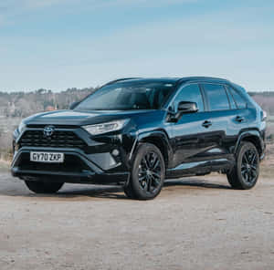 黑色豐田RAV4 SUV停泊在碎石上，靠近樹木，天空湛藍 — 酷車 壁紙