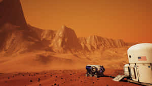 火星探測車和棲息艙位於岩石密布的紅色行星表面。 — 火星 GIF 壁紙