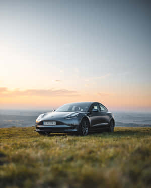 灰色Tesla Model 3停喺日落時分嘅草地上。 — Tesla GIF 壁紙
