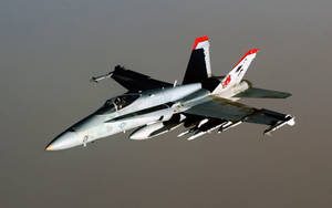 軍用戰鬥機飛行中，機翼下掛載武器，背景為朦朧天空。 — 軍事動圖 壁紙
