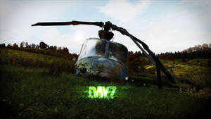 草地上被遺棄的生鏽直升機殘骸和發光綠色文字 — Dayz GIF 壁紙