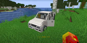 白色像素車泊喺Minecraft世界嘅河邊草地上。 — 型格 Minecraft 壁紙