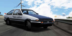 白色和藍色的豐田AE86在陽光明媚的道路上漂移，帶有動態模糊。 — Jdm 美學 壁紙