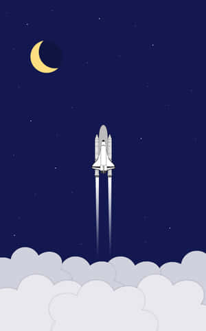 穿梭機在彎月和星星點綴的夜空發射升空 — 極簡美學 壁紙