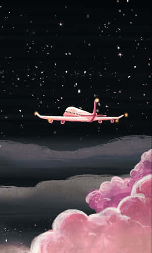 粉紅色飛機飛過星空夜空，上方是粉紅色的雲。