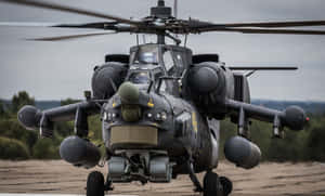 軍用攻擊直升機在泥地上，天空多雲 — 直升機 壁紙