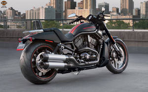 日落時分，城市屋頂上的黑色Harley-Davidson Night Rod電單車。 — 機車 壁紙